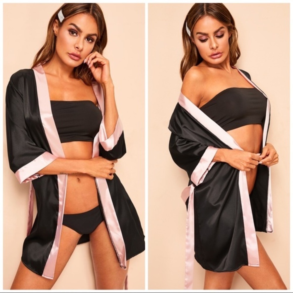New Black Satin Silk-Like Kimono Robe​ - Picture 3 of 4
